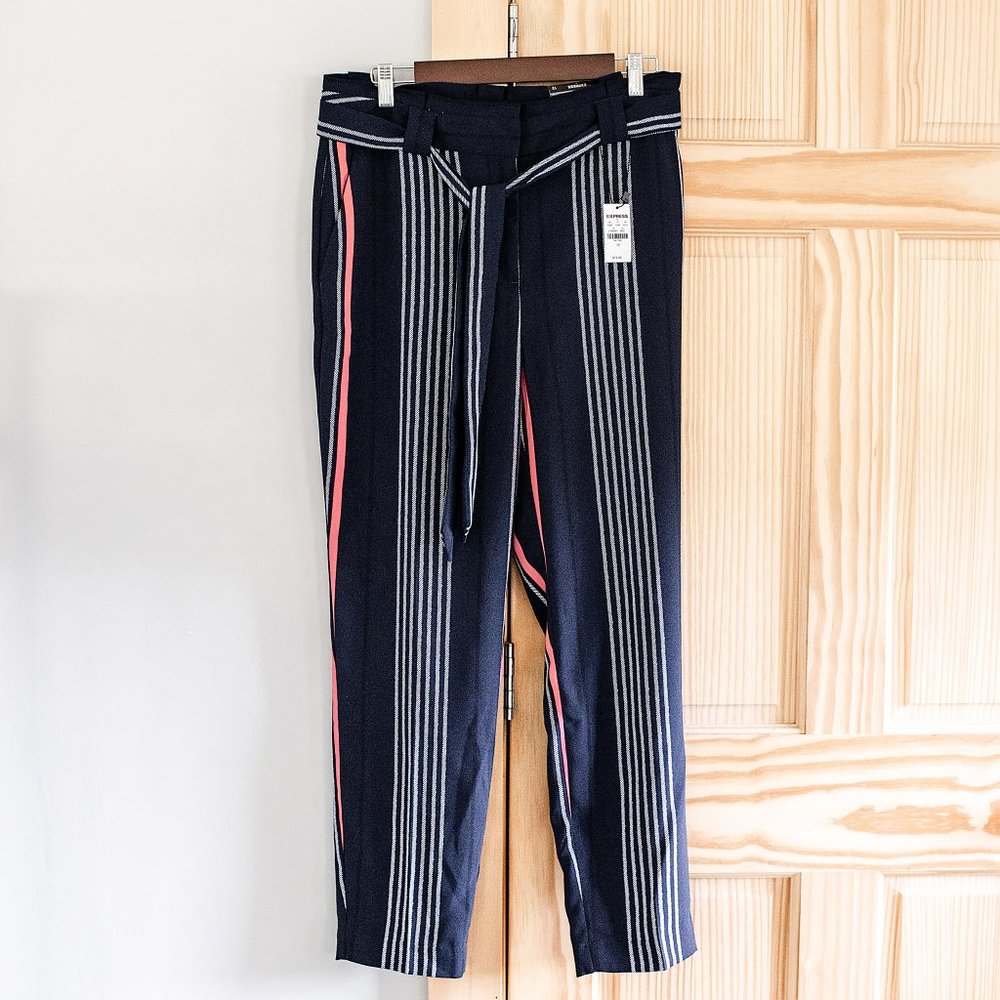 NWT Express High Rise Wide Leg Paperbag Pants Sash Belt Navy Striped Sz 12